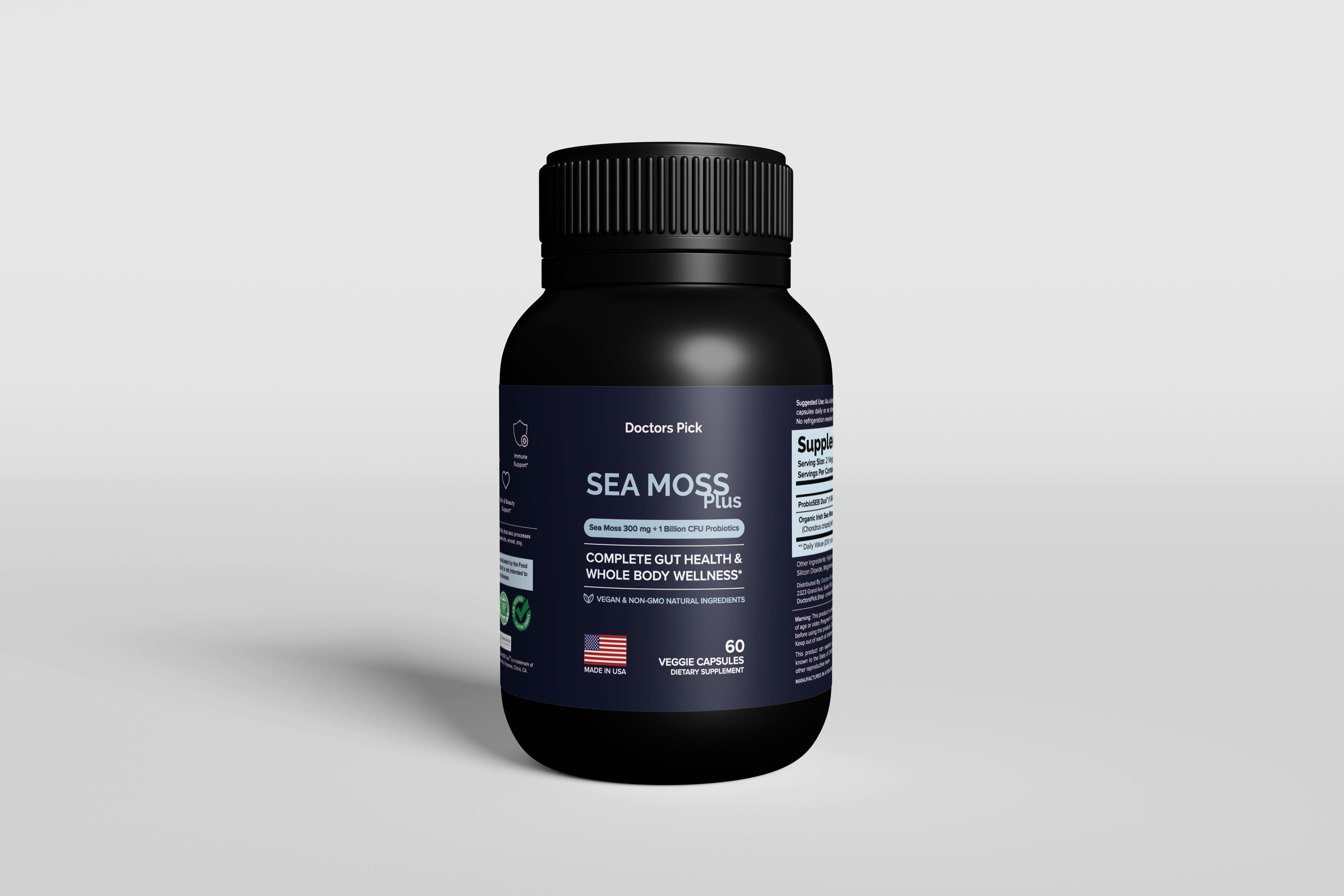Doctors Pick Sea Moss Plus supplement bottle - 60 veggie capsules with organic Irish Sea moss and probiotics. 